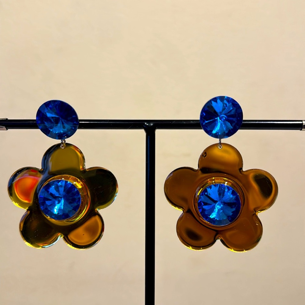 Vintage Style Dalessio Design Blue & Gold Flower Dangle Clip On Earrings